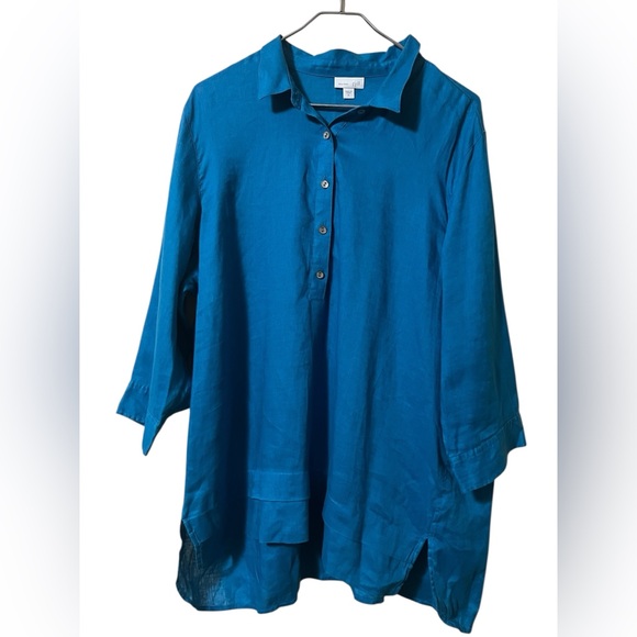J. Jill love linen teal linen pop over tunic top with pleated hem shell buttons - Picture 2 of 12